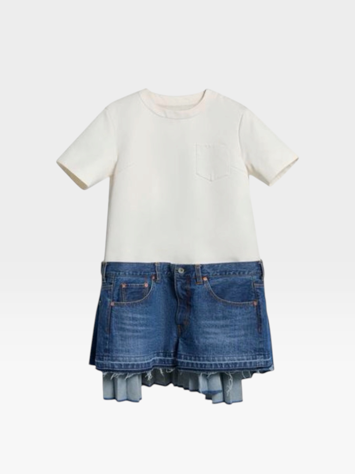 Sacai Mixed-Media Denim Mini T-Shirt Dress in off white, worn with Maison MIHARA YASUHIRO Sneaker. Styled by Sharon Lombardo for FDV Concierge.