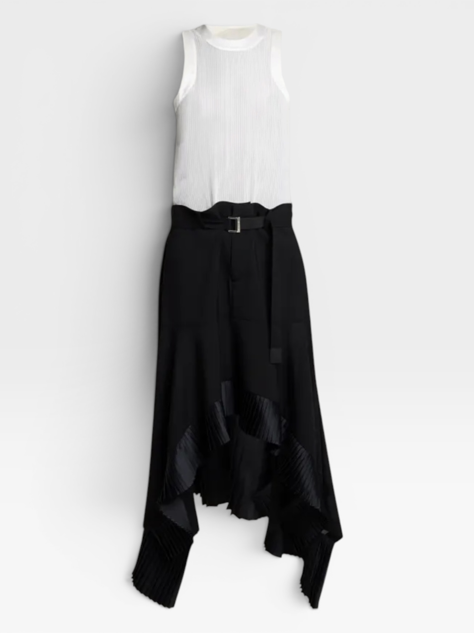 Sacai Mixed-Media Sleeveless Handkerchief Maxi Dress in black / off white. Styled by Sharon Lombardo for FDV Concierge.