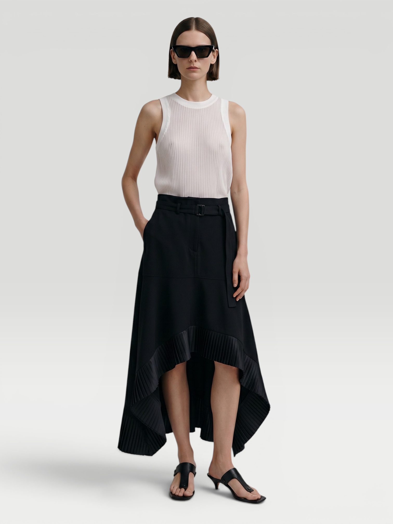 Sacai Mixed-Media Sleeveless Handkerchief Maxi Dress in black / off white. Styled by Sharon Lombardo for FDV Concierge.