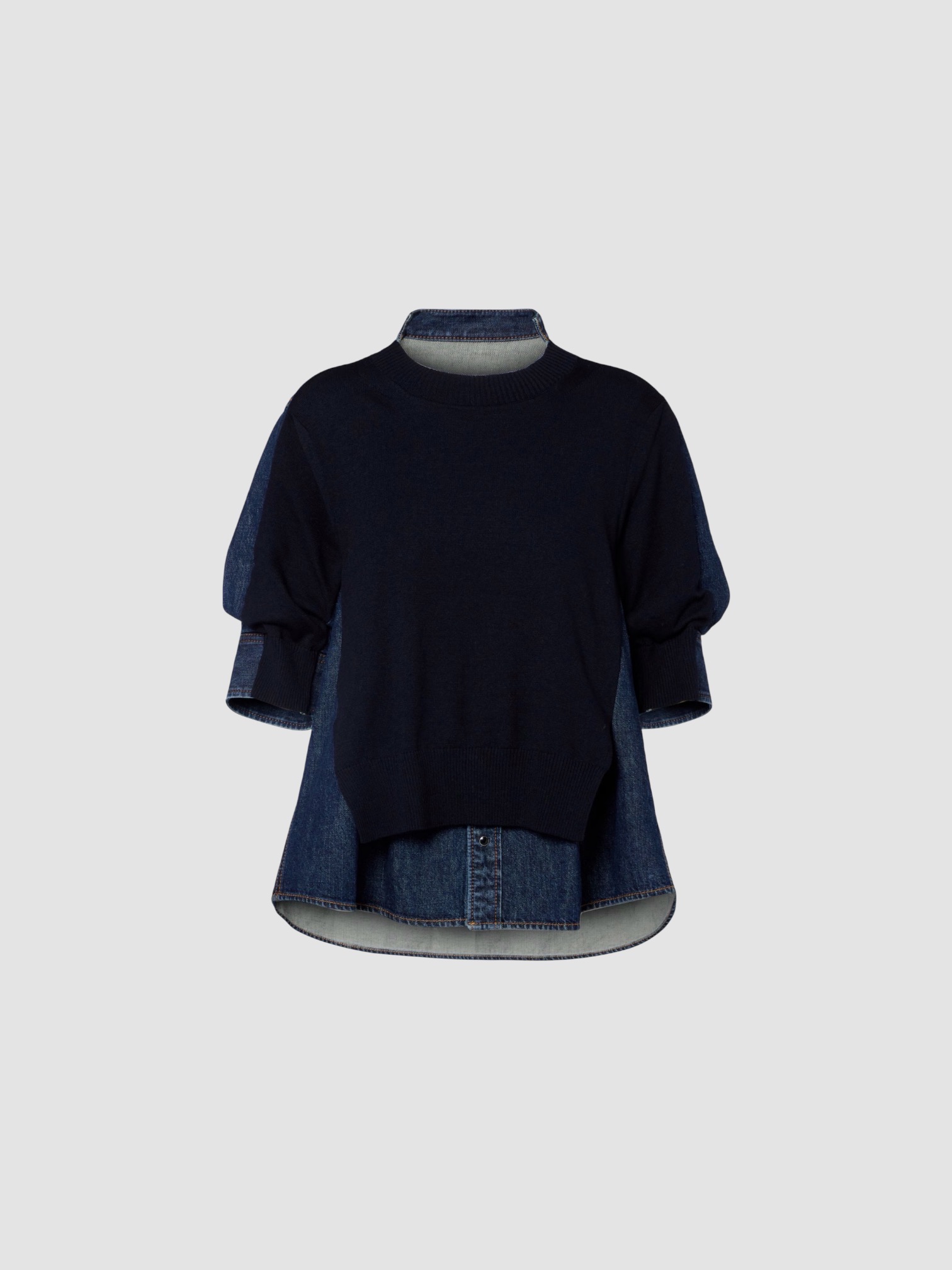 Sacai Layered Denim Shirt in navy/blue. Styled by Sharon Lombardo for FDV Concierge.
