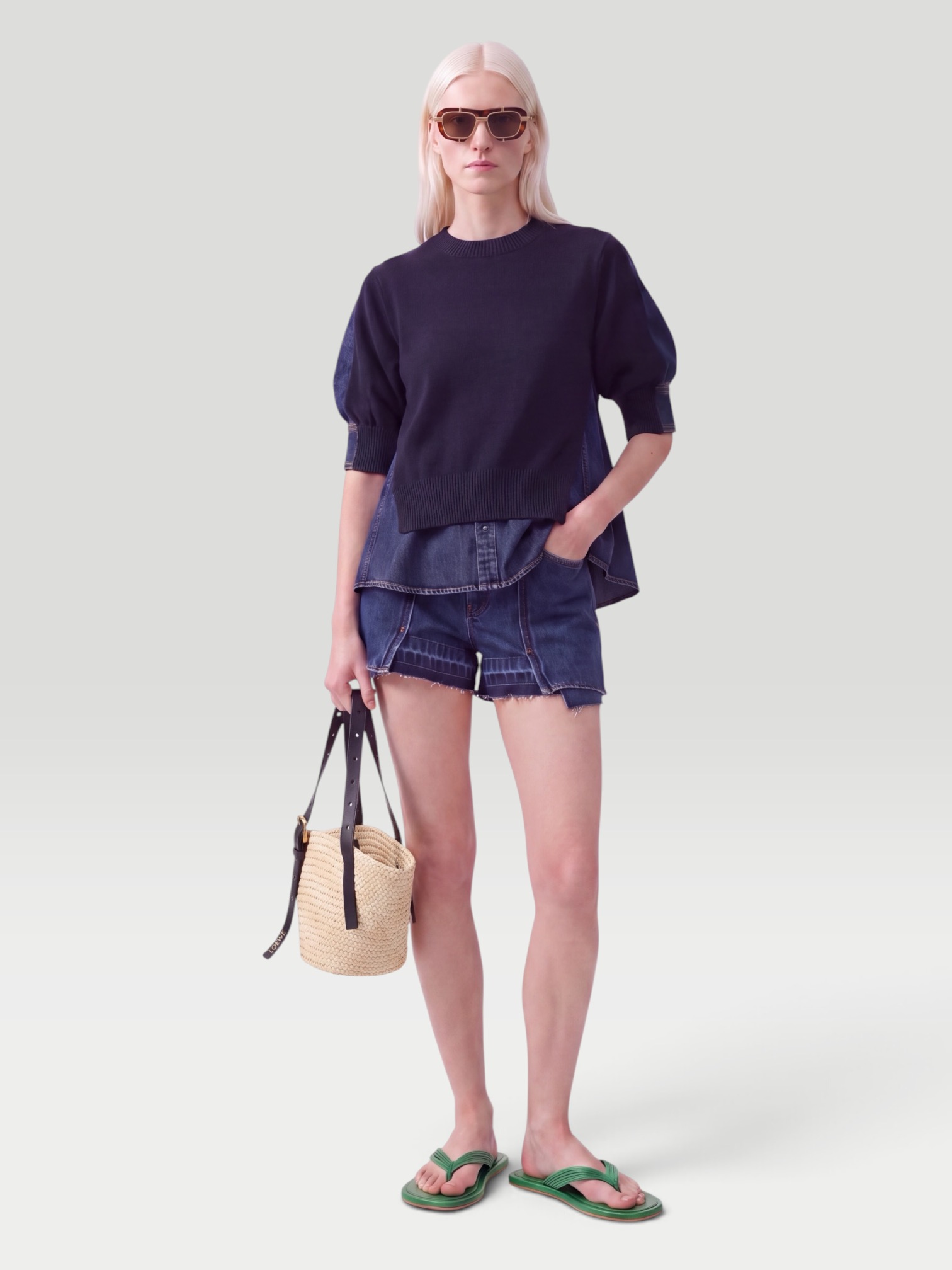Sacai Layered Denim Shirt in navy/blue. Styled by Sharon Lombardo for FDV Concierge.