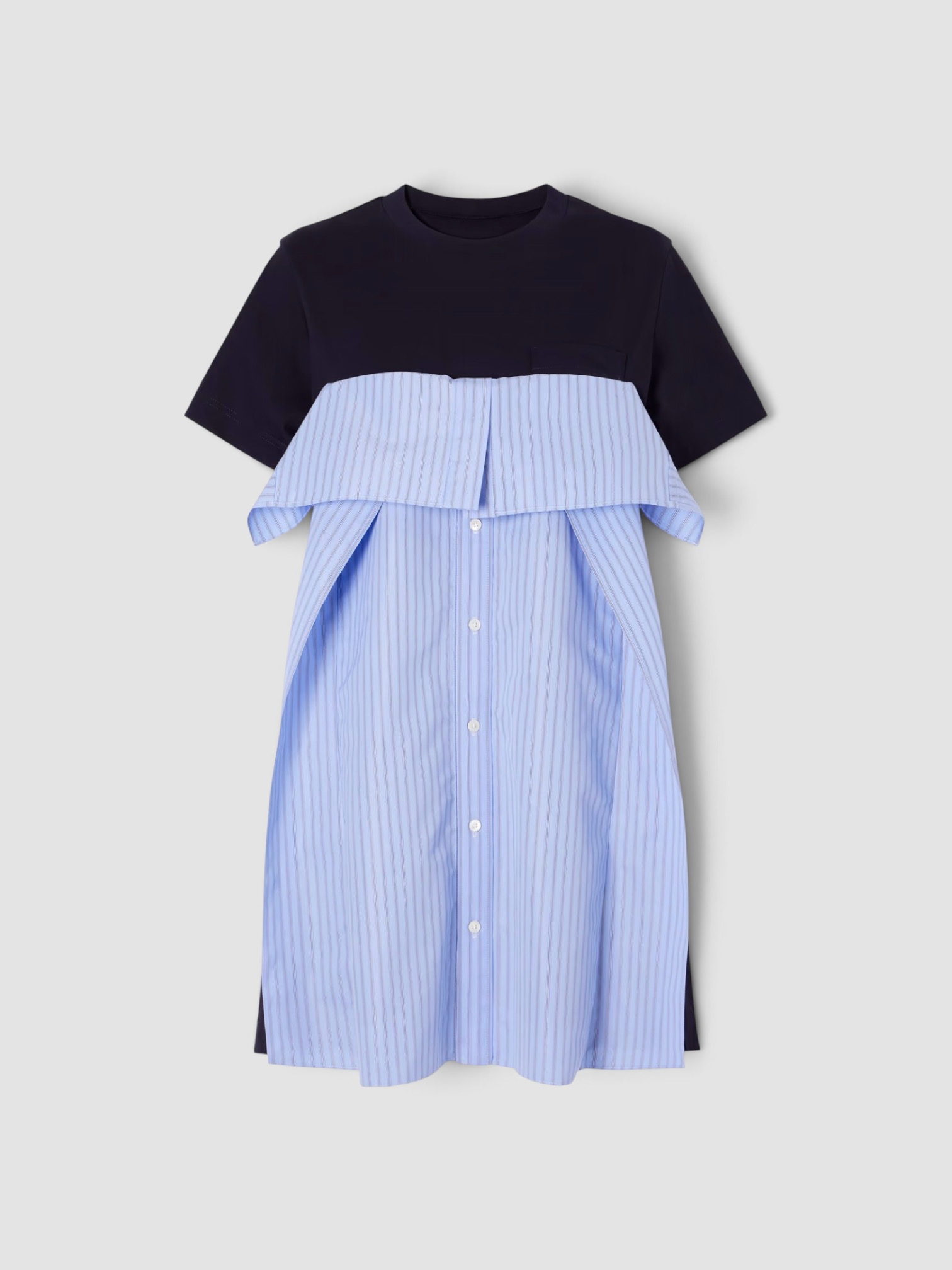 Sacai Paneled Ruffled Cotton-Jersey and Poplin Mini Dress in navy/blue. Styled by Sharon Lombardo for FDV Concierge.