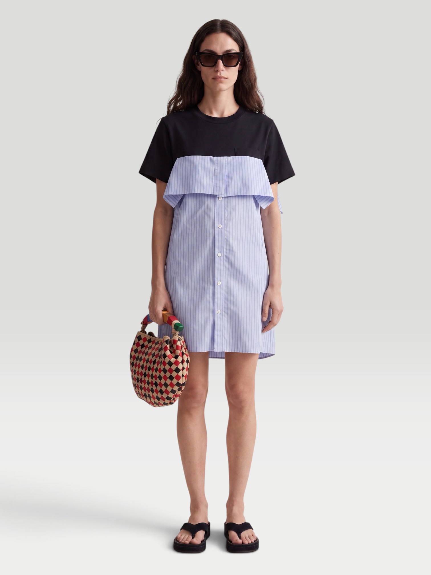 Sacai Paneled Ruffled Cotton-Jersey and Poplin Mini Dress in navy/blue. Styled by Sharon Lombardo for FDV Concierge.