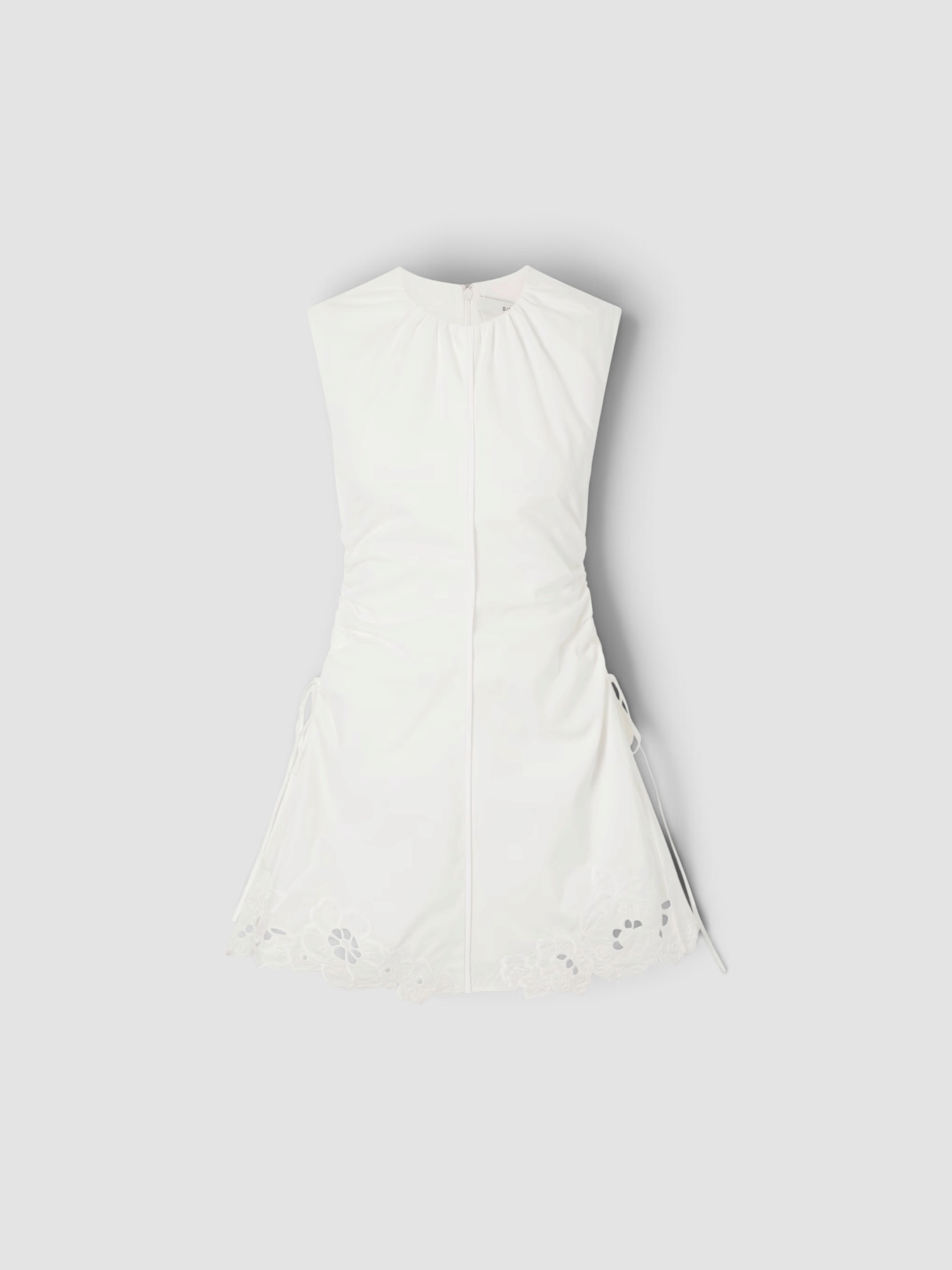 SIR Klara Ruched Broderie Anglaise Cotton Mini Dress in ivory. Styled by Sharon Lombardo for FDV Concierge.