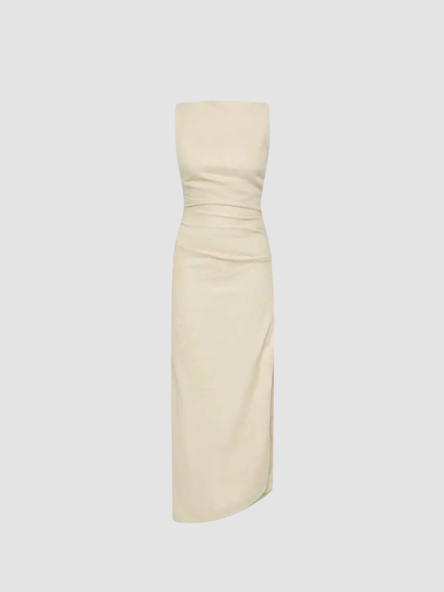 SIR Raquel Midi Dress in wheat, worn with Phoebe Philo Suede Thong Sandals. Styled by Sharon Lombardo for FDV Concierge.