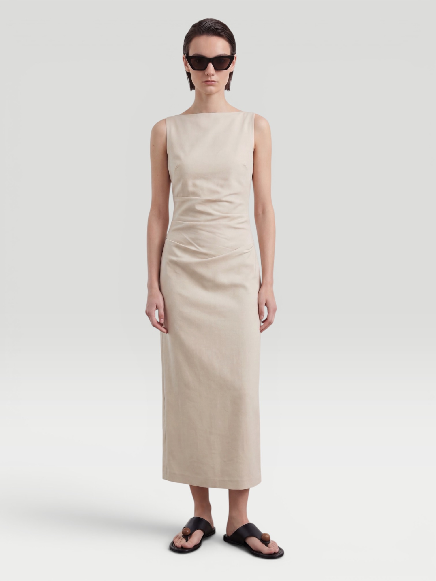 SIR Raquel Midi Dress in wheat, worn with Phoebe Philo Suede Thong Sandals. Styled by Sharon Lombardo for FDV Concierge.