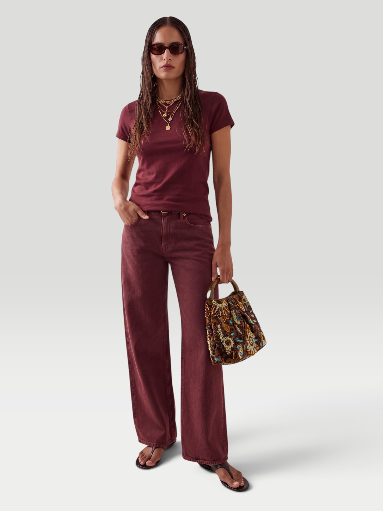 SLVRLAKE Cotton Baby Tee in burgundy. Styled by Sharon Lombardo for FDV Concierge.