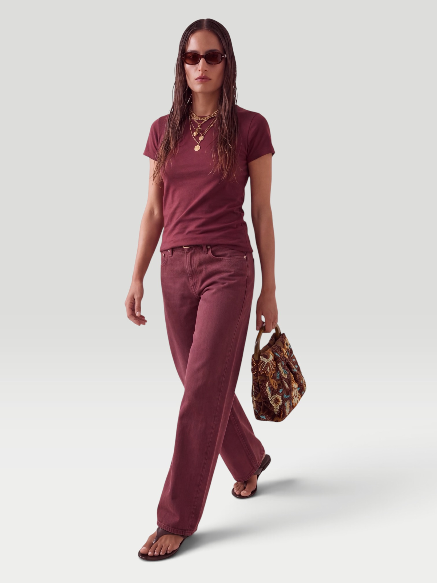 SLVRLAKE Lexi Rigid Low-Rise Wide-Leg Jeans in burgundy. Styled by Sharon Lombardo for FDV Concierge.