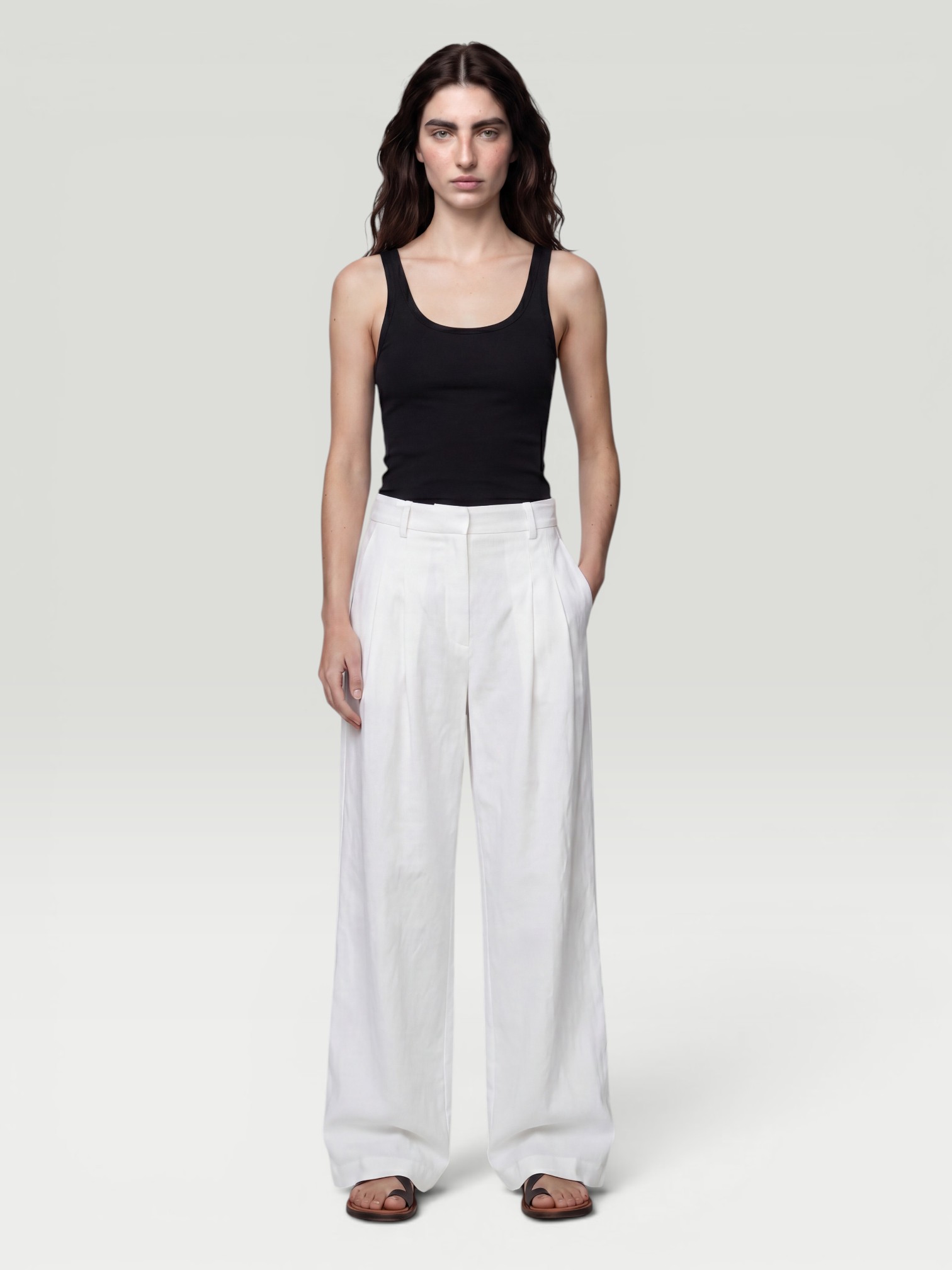 St. Agni Soft Jersey Slim Scoop Tank in black, worn with Phoebe Philo Straight Jeans, Phoebe Philo Cone Heel Mules, Phoebe Philo 25mm Leather Belt, Prada B16SF Acetate Oval Sunglasses, the evening. Styled by Sharon Lombardo for FDV Concierge.