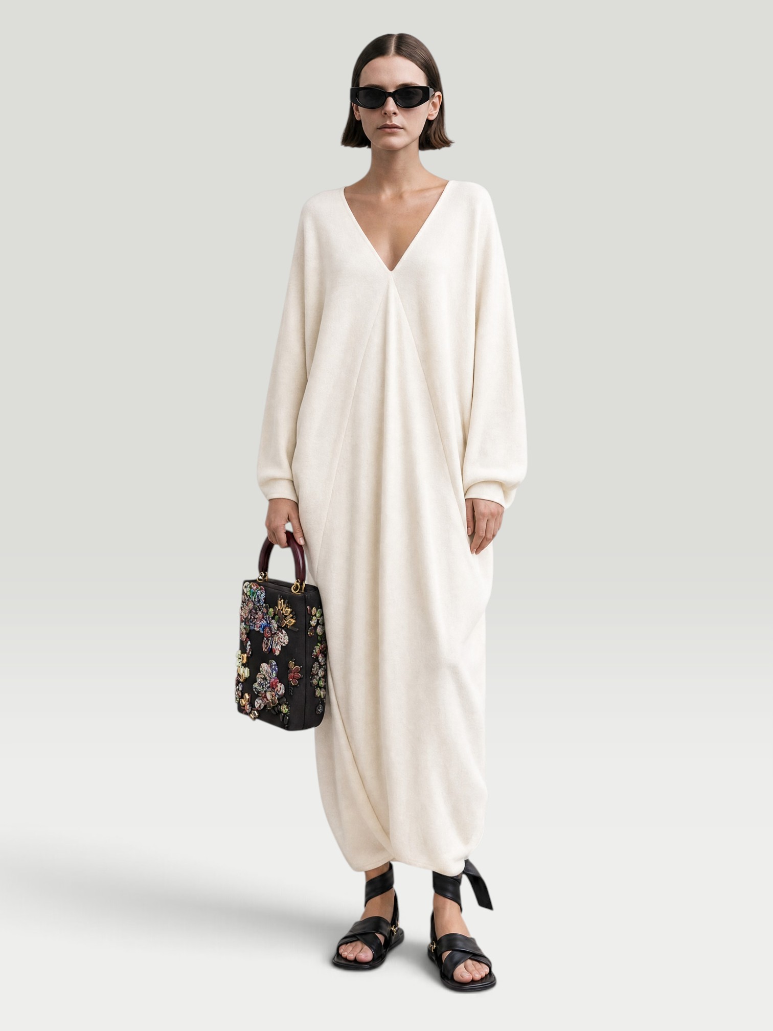 The Frankie Shop Lila Kaftan Ponte Maxi Dress in ivory. Styled by Sharon Lombardo for FDV Concierge.