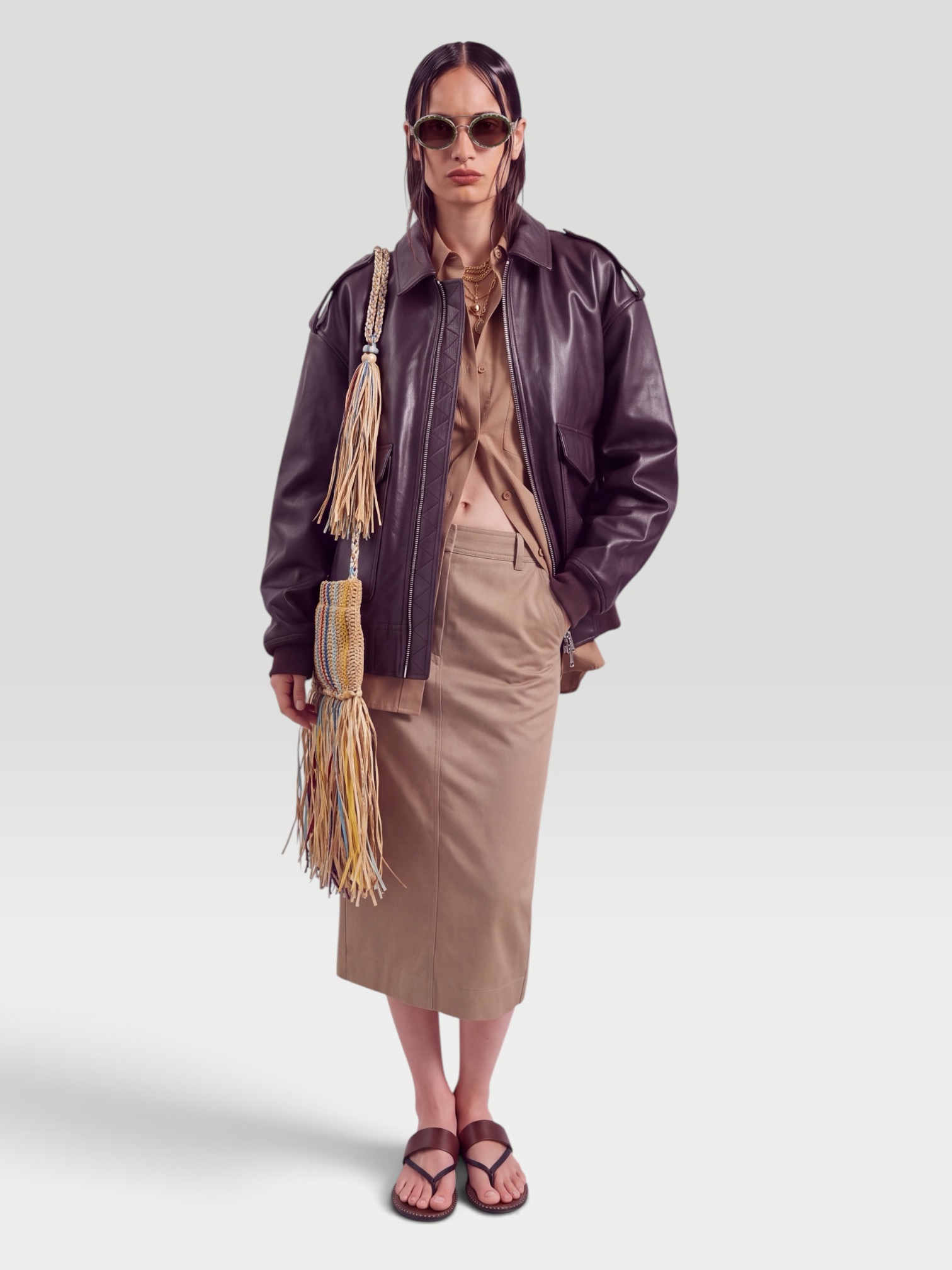 The Frankie Shop Napa Leather Jacket in brown, worn with Dries Van Noten Flat Sandal. Styled by Sharon Lombardo for FDV Concierge.