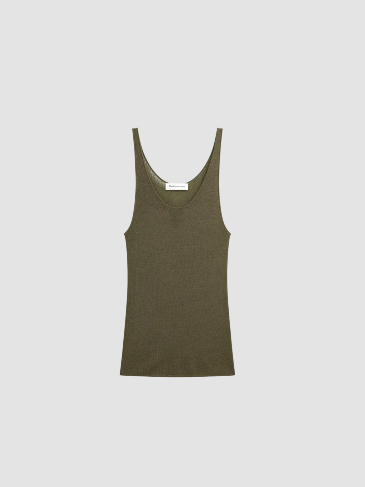 The Frankie Shop Rivo Knit Tank Top in khaki. Styled by Sharon Lombardo for FDV Concierge.