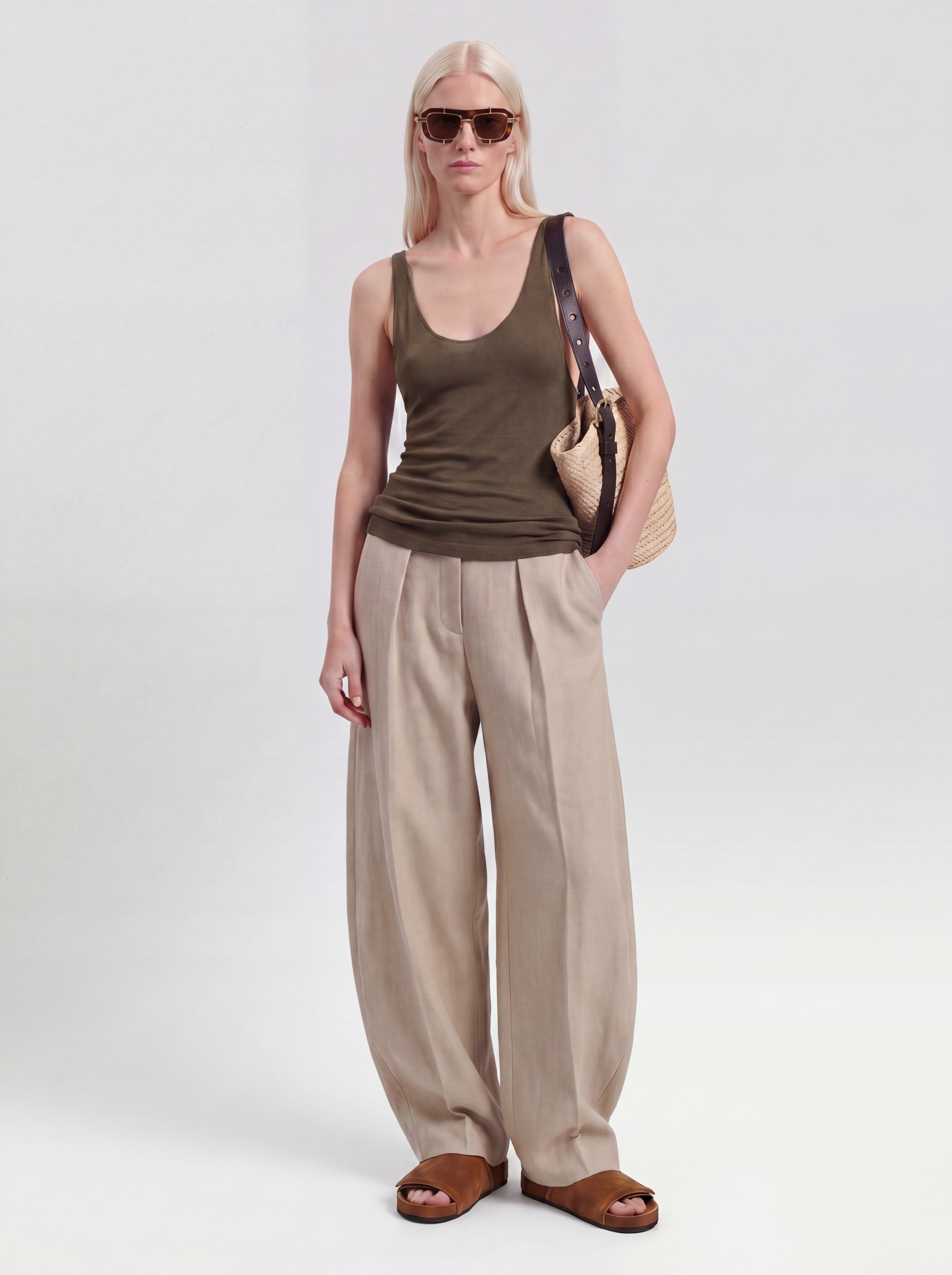 The Frankie Shop Rivo Knit Tank Top in khaki. Styled by Sharon Lombardo for FDV Concierge.