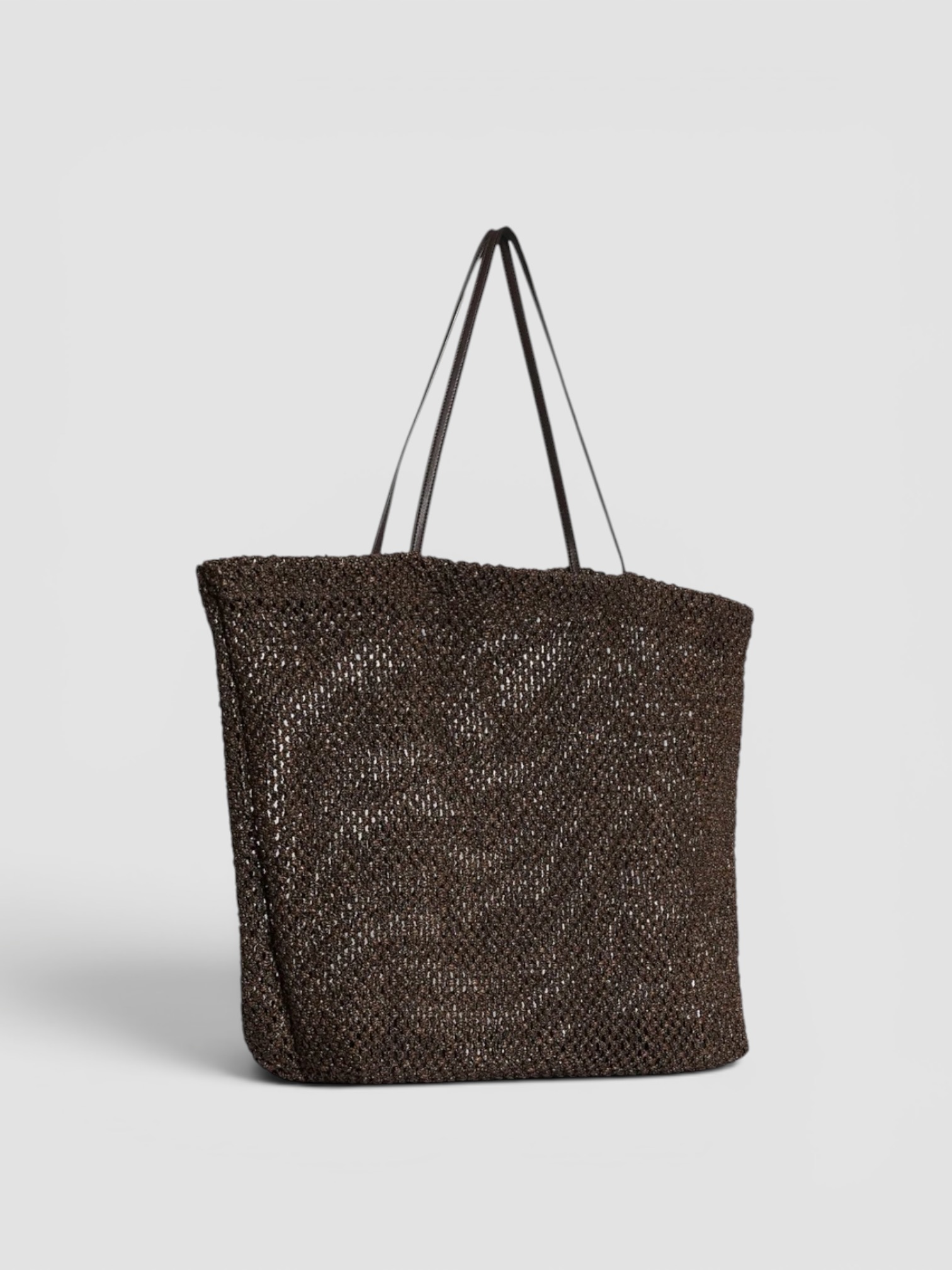 The Row Barn Oversized Mesh Tote Bag in brown, worn with Totême Striped Shirtdress. Styled by Sharon Lombardo for FDV Concierge.