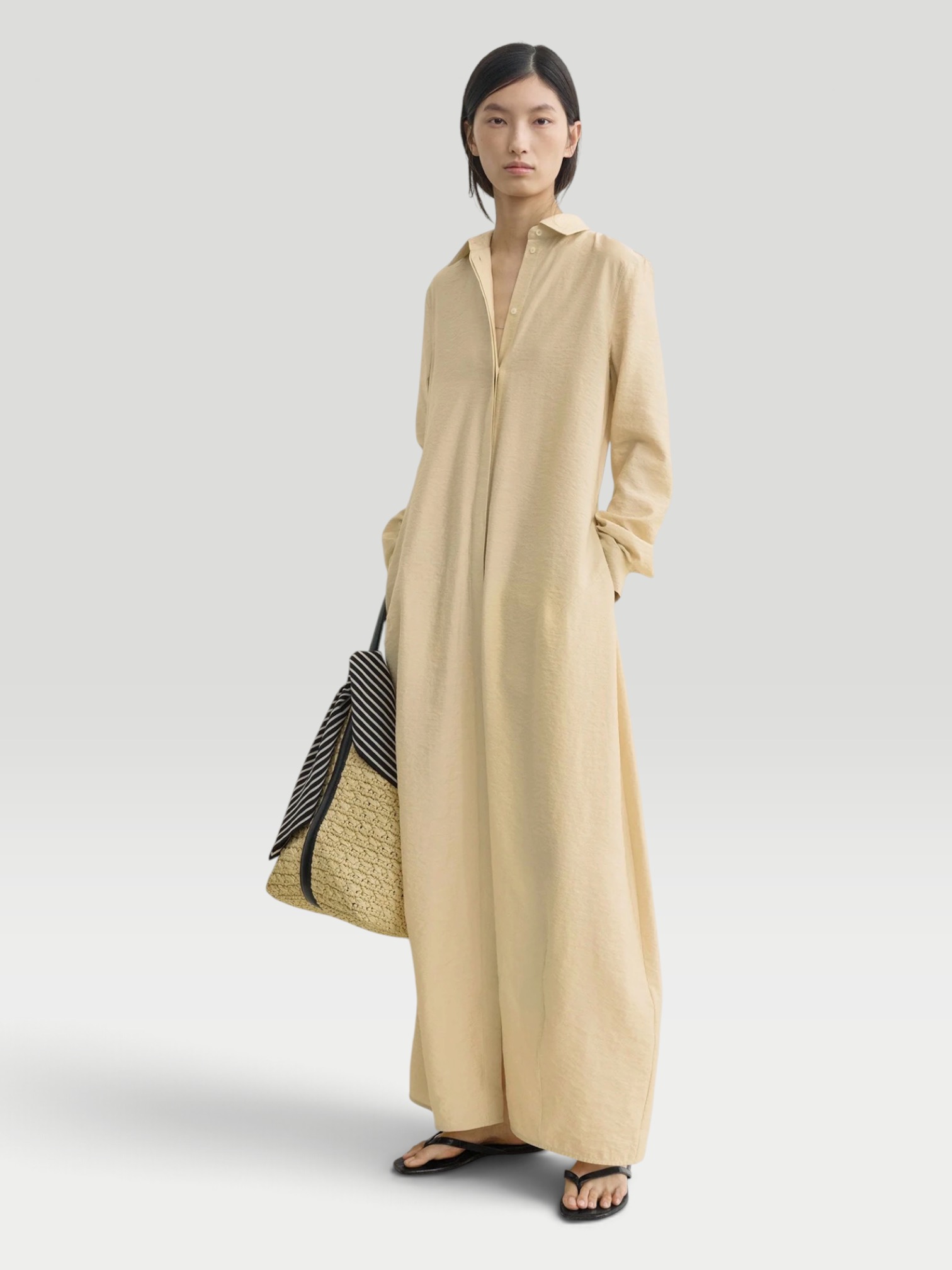 Toteme Parachute Shirtdress in stone. Styled by Sharon Lombardo for FDV Concierge.