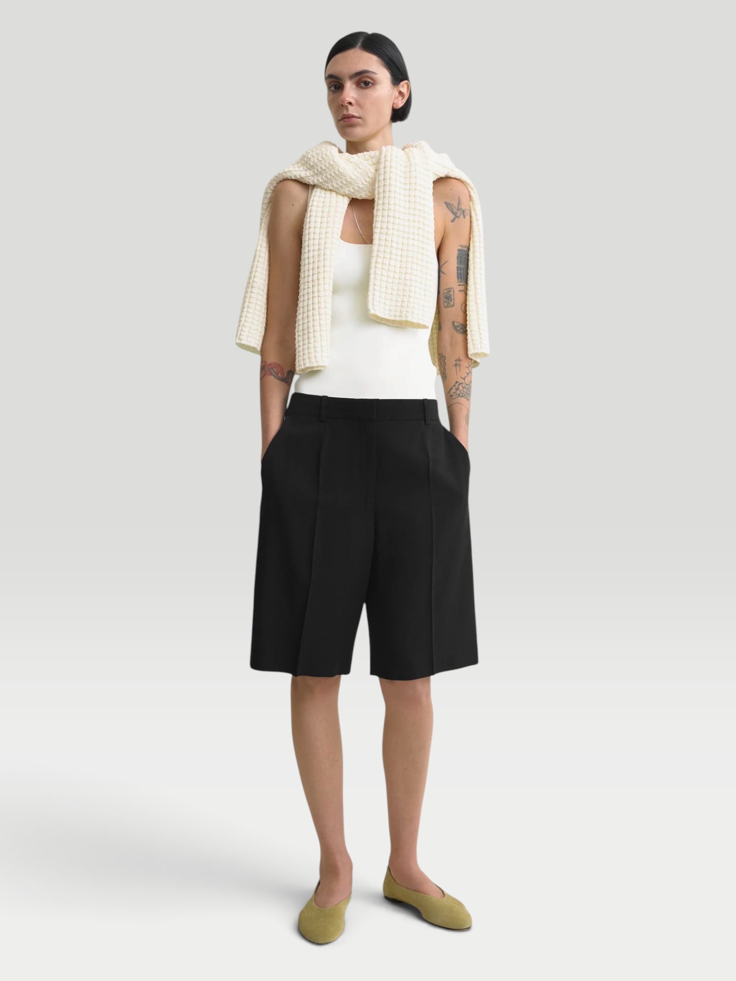 Totême Wide Fluid Shorts in black. Styled by Sharon Lombardo for FDV Concierge.