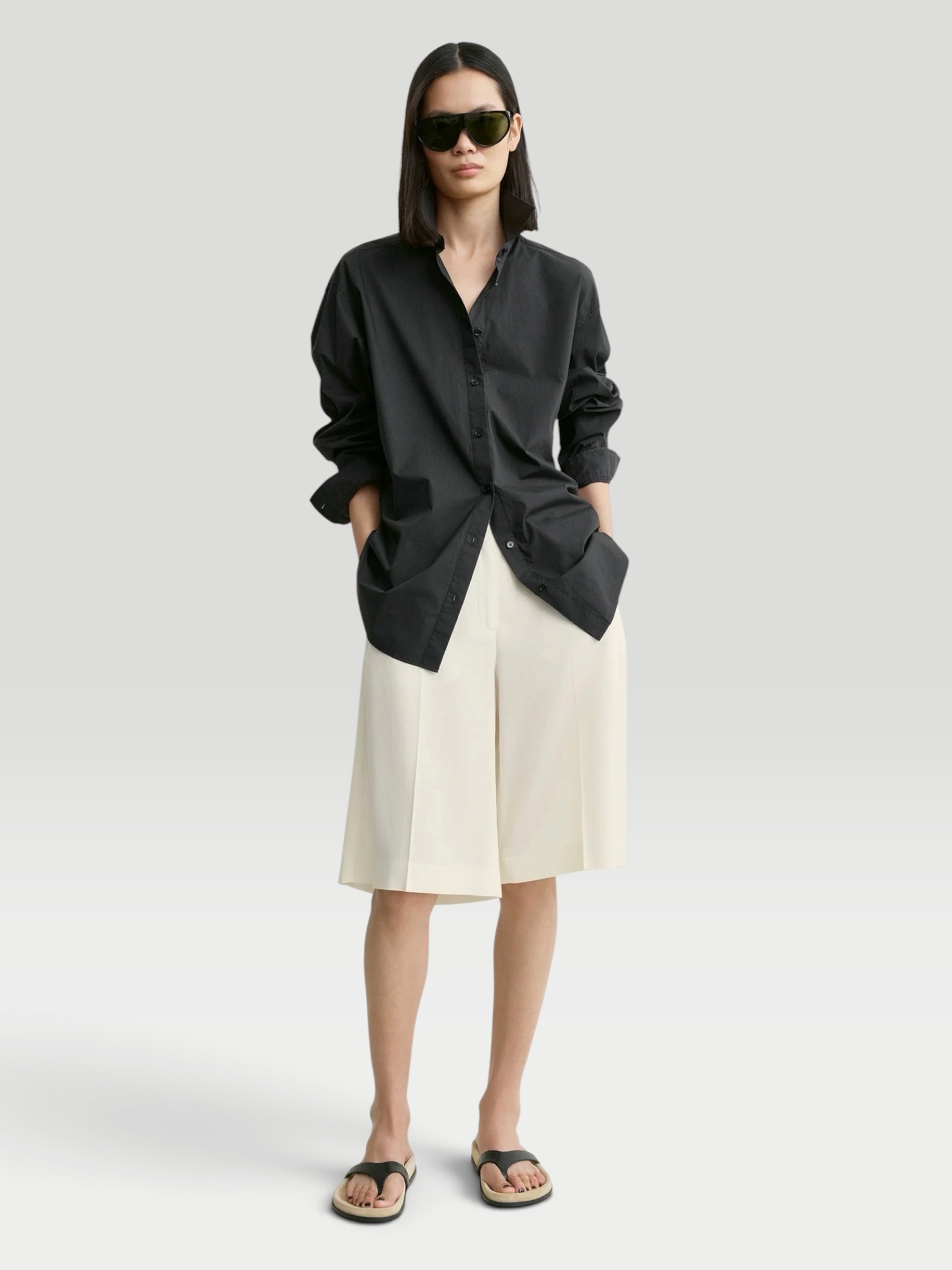 Totême Wide Fluid Shorts in ecru. Styled by Sharon Lombardo for FDV Concierge.
