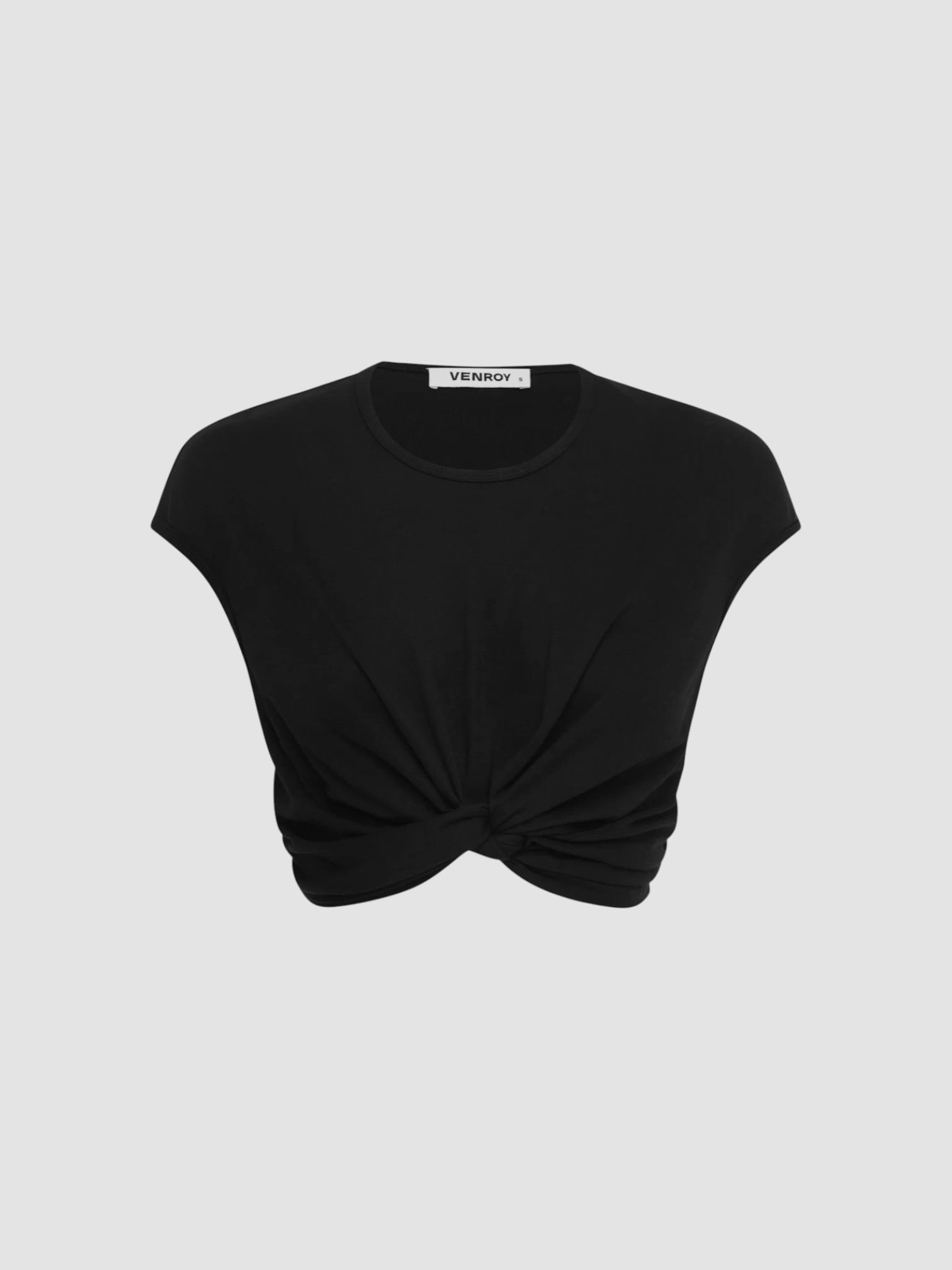 Venroy Jersey Knotted Cropped Tee in black. Styled by Sharon Lombardo for FDV Concierge.