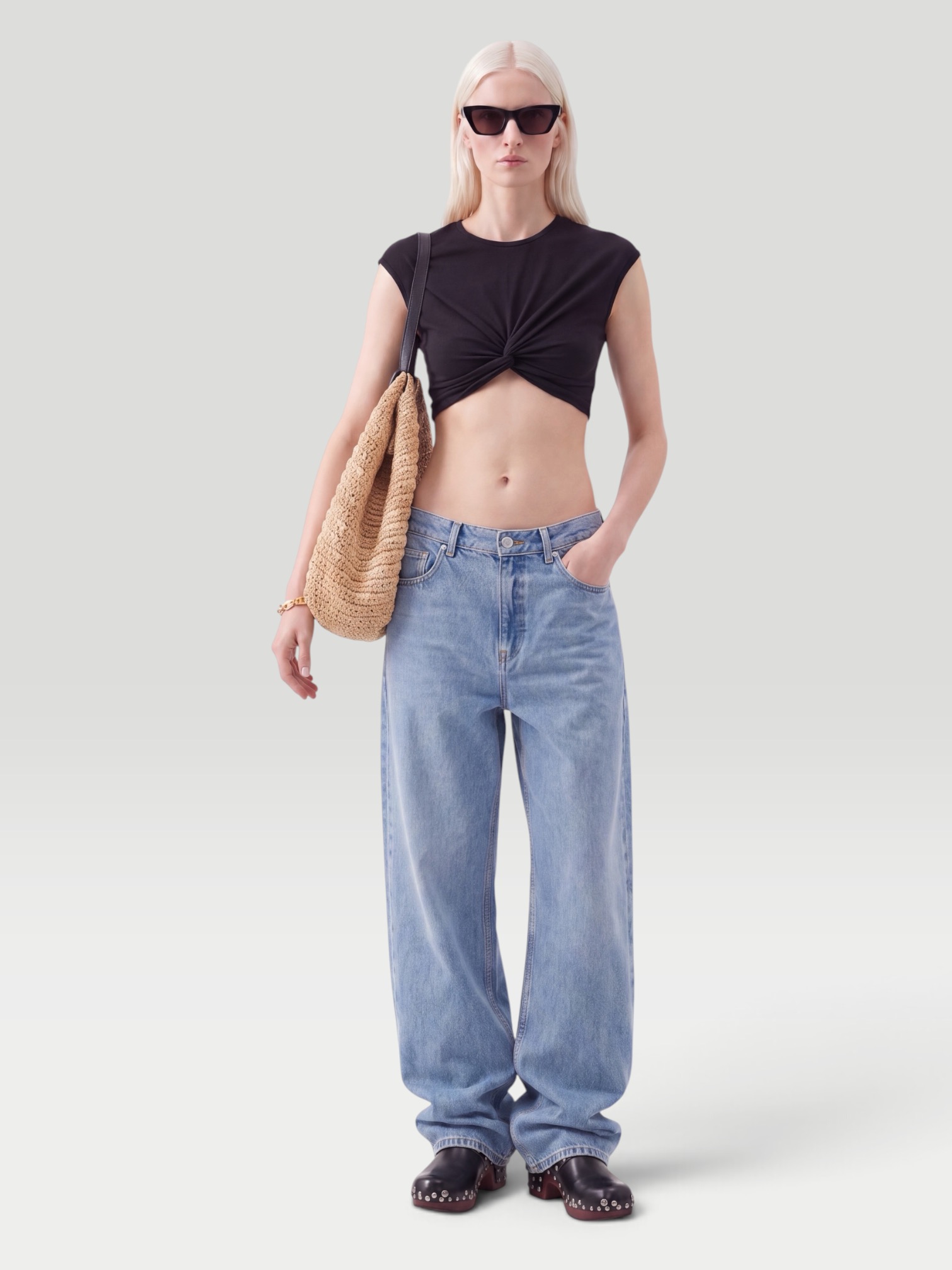 Venroy Jersey Knotted Cropped Tee in black. Styled by Sharon Lombardo for FDV Concierge.