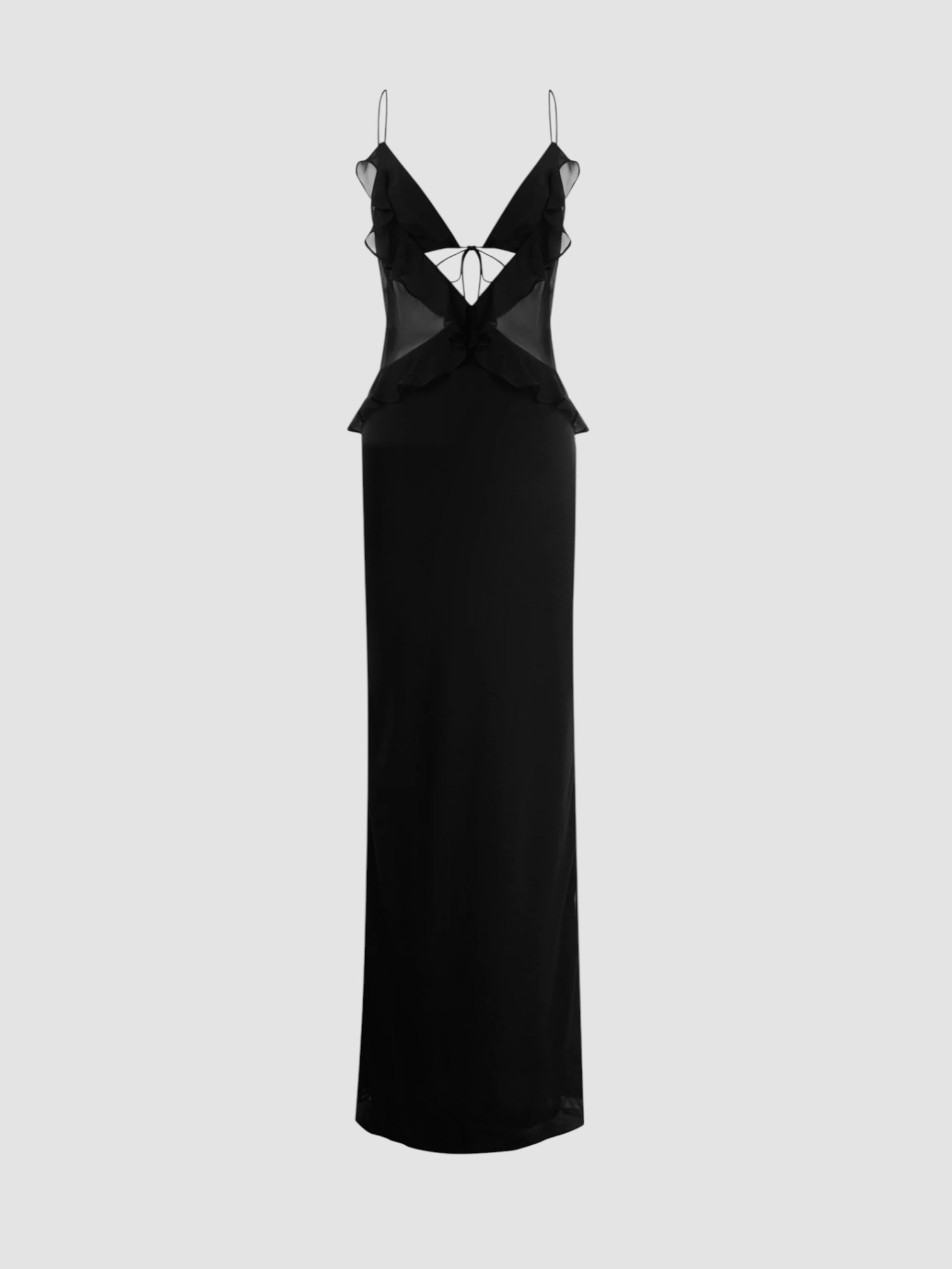 Venroy Silk Bralette Ruffle Maxi Dress in black. Styled by Sharon Lombardo for FDV Concierge.