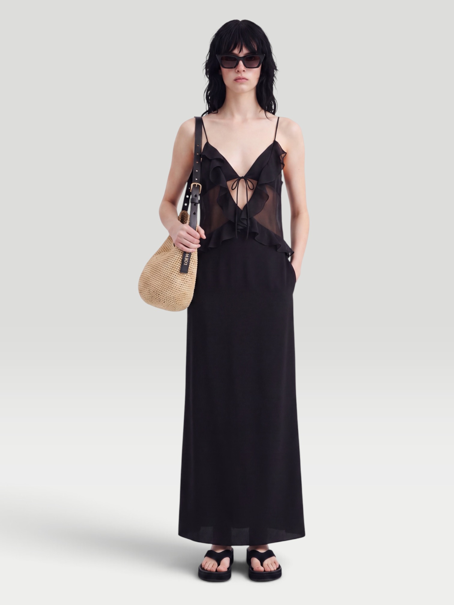 Venroy Silk Bralette Ruffle Maxi Dress in black. Styled by Sharon Lombardo for FDV Concierge.