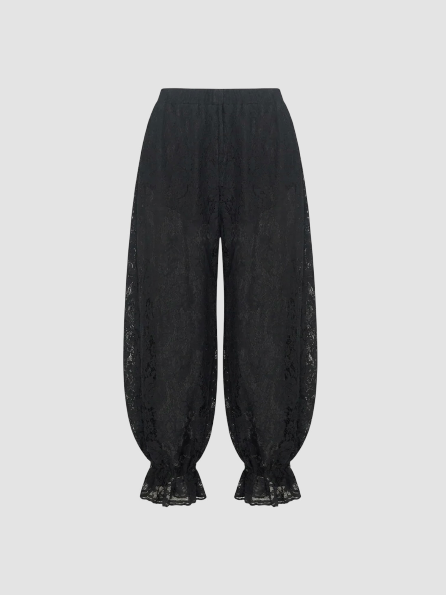 WeWoreWhat Balloon Lace Trouser in black, worn with WeWoreWhat Lace Voile Cami Top, Phoebe Philo Frizz Flip Flop, Liffner Tassel Satin Shoulder Bag, Bottega Veneta Cat-Eye Acetate Sunglasses, the evening. Styled by Sharon Lombardo for FDV Concierge.