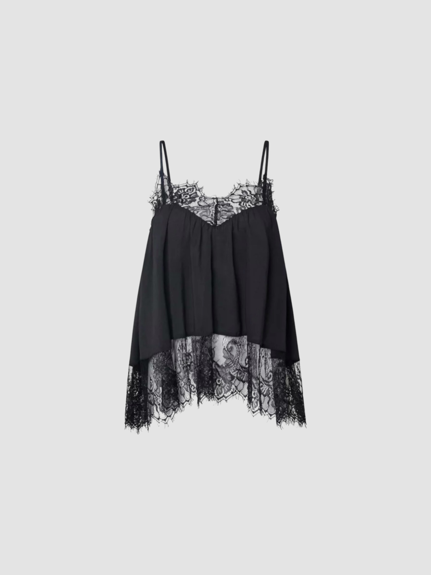 WeWoreWhat Lace Voile Cami Top in black, worn with WeWoreWhat Balloon Lace Trouser, Phoebe Philo Frizz Flip Flop, Liffner Tassel Satin Shoulder Bag, Bottega Veneta Cat-Eye Acetate Sunglasses, the evening. Styled by Sharon Lombardo for FDV Concierge.