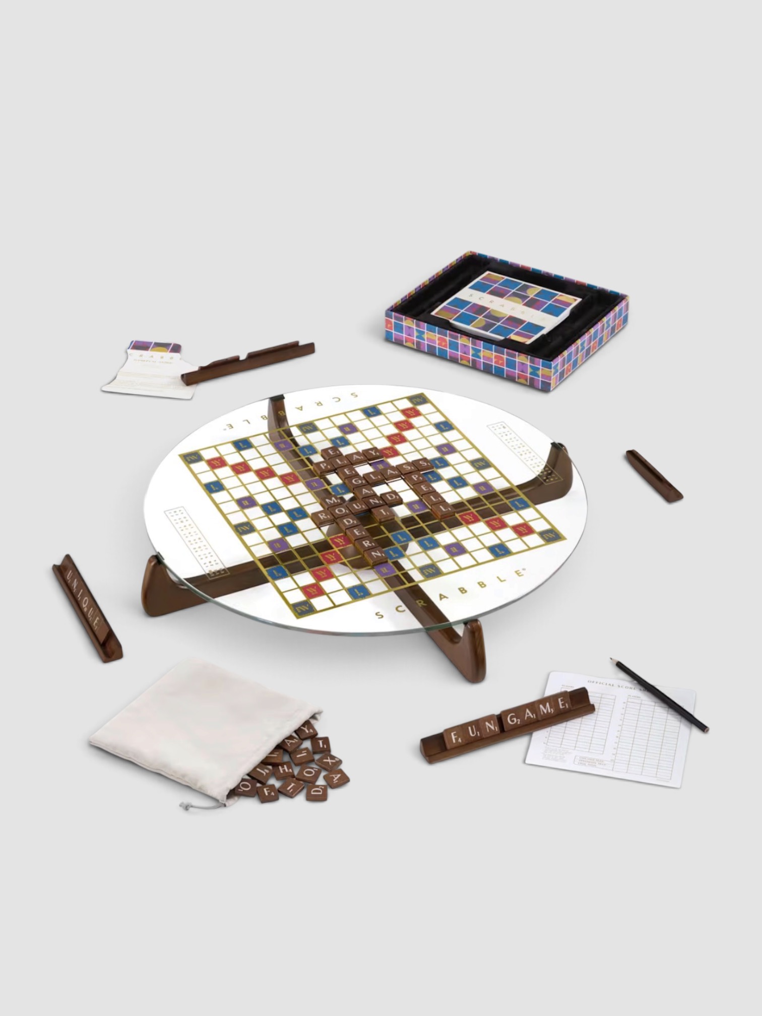 WS Game Company Prisma Glass Midcentury Board Game (Scrabble) in clear/gold.
