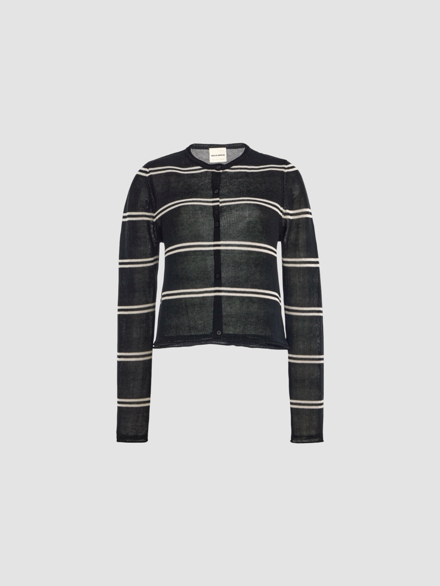 Zulu & Zephyr Textured Cotton-Blend Knit Cardigan in black/white. Styled by Sharon Lombardo for FDV Concierge.