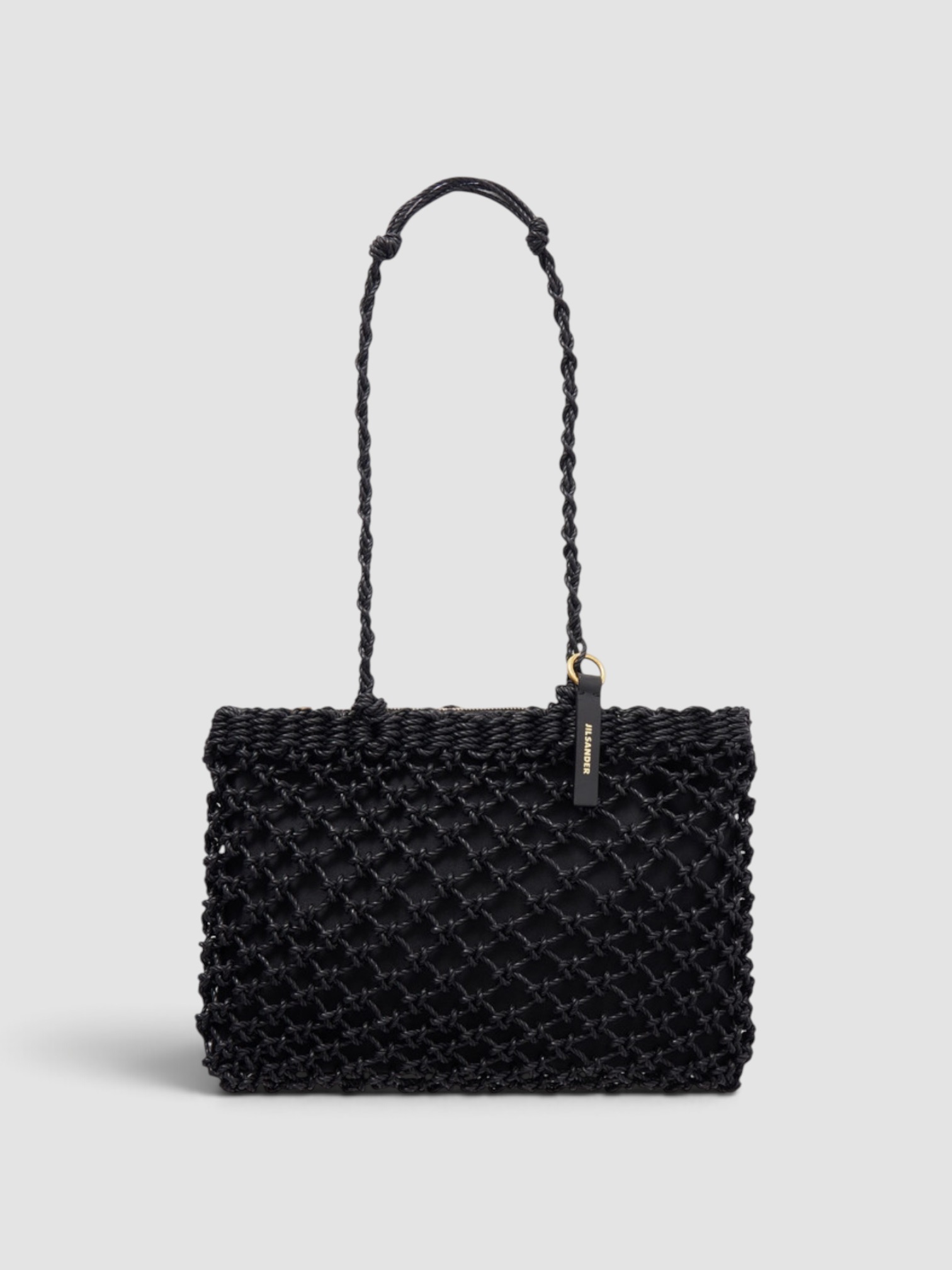 Jil Sander Tangle Net Shoulder Bag in black, worn with FIL DE VIE Isadora Dress. Styled by Sharon Lombardo for FDV Concierge.
