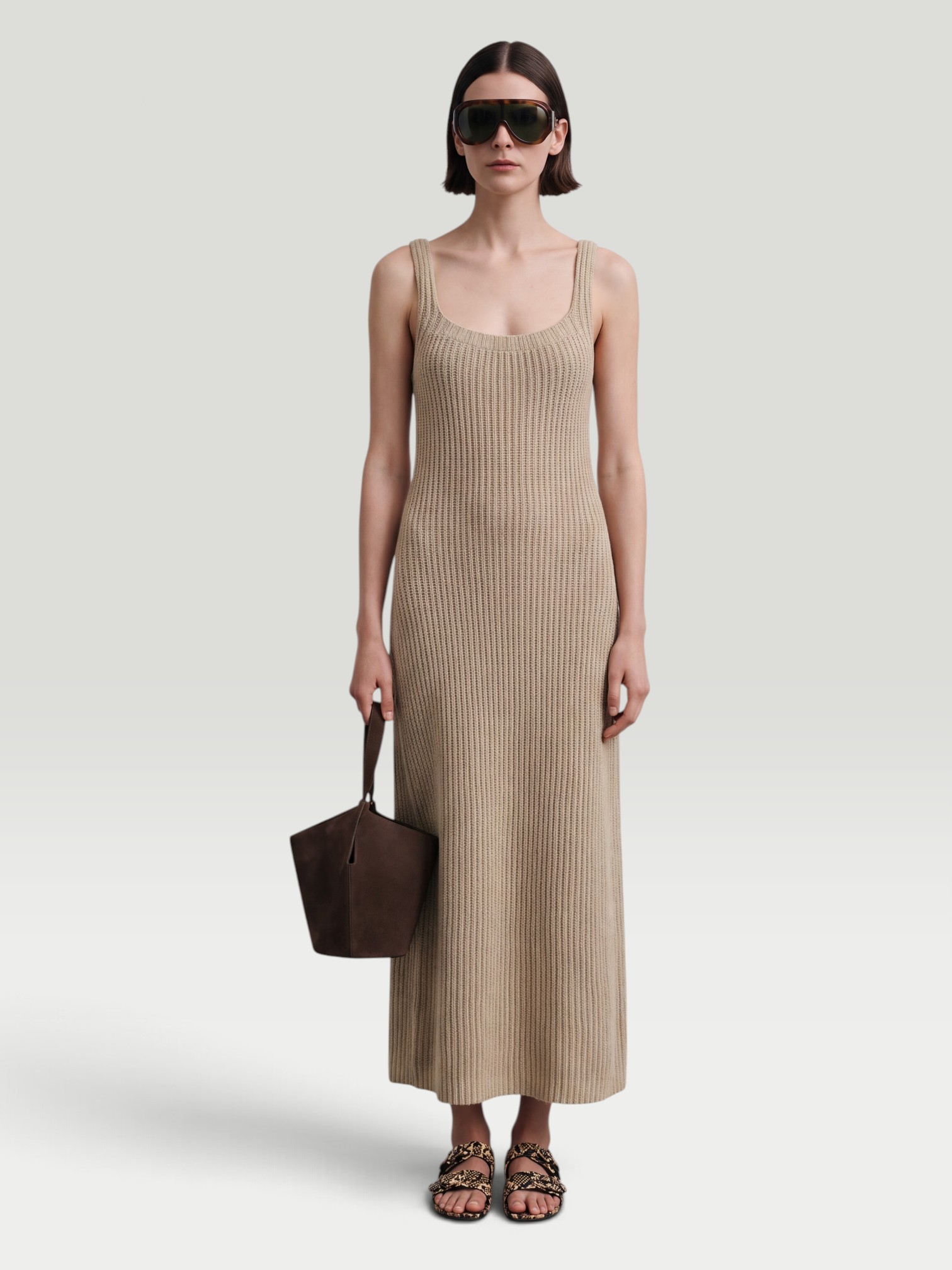 Khaite Lex Dress in tan. Styled by Sharon Lombardo for FDV Concierge.