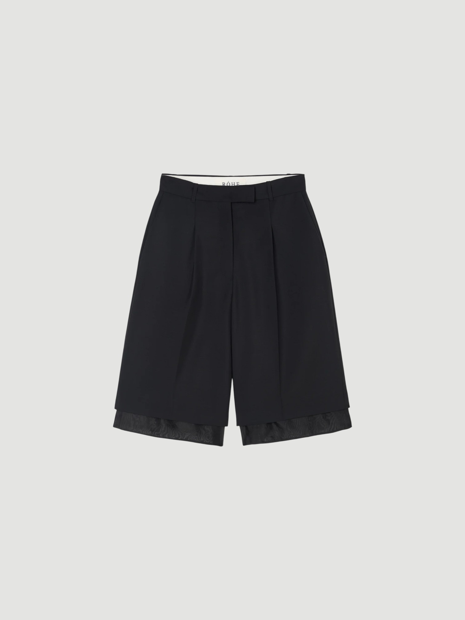 Róhe Organza Lined Shorts in black, worn with Matteau Breton Stripe Tee, Phoebe Philo Peak Sunglasses, Bottega Veneta Pearl Necklace, Alaïa Heel Thong Mules in Velvet. Styled by Sharon Lombardo for FDV Concierge.