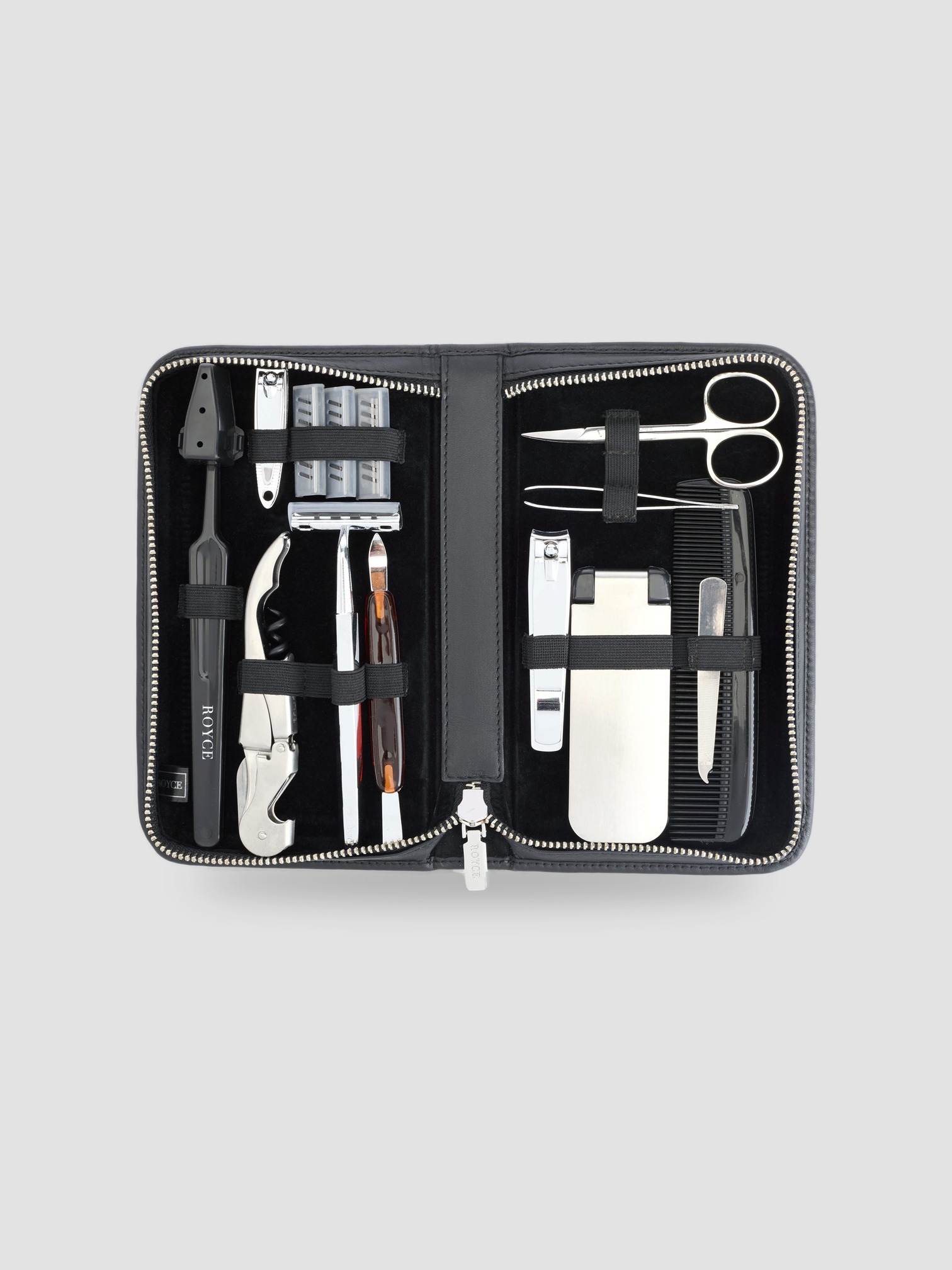 Royce New York Monogrammed Leather Travel Grooming Toiletry Kit in black.
