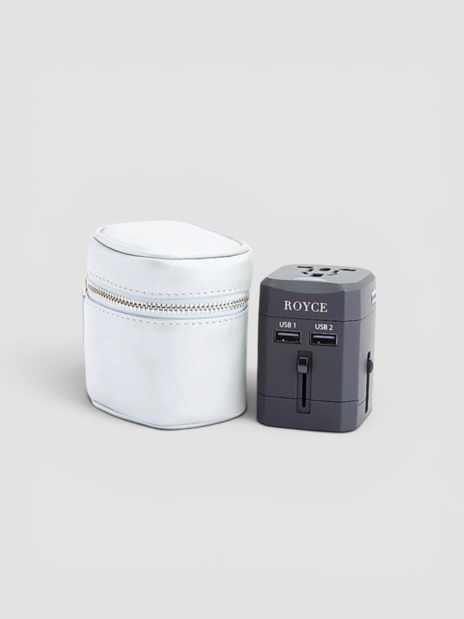 Royce New York Travel Adapter & Leather Case in white.