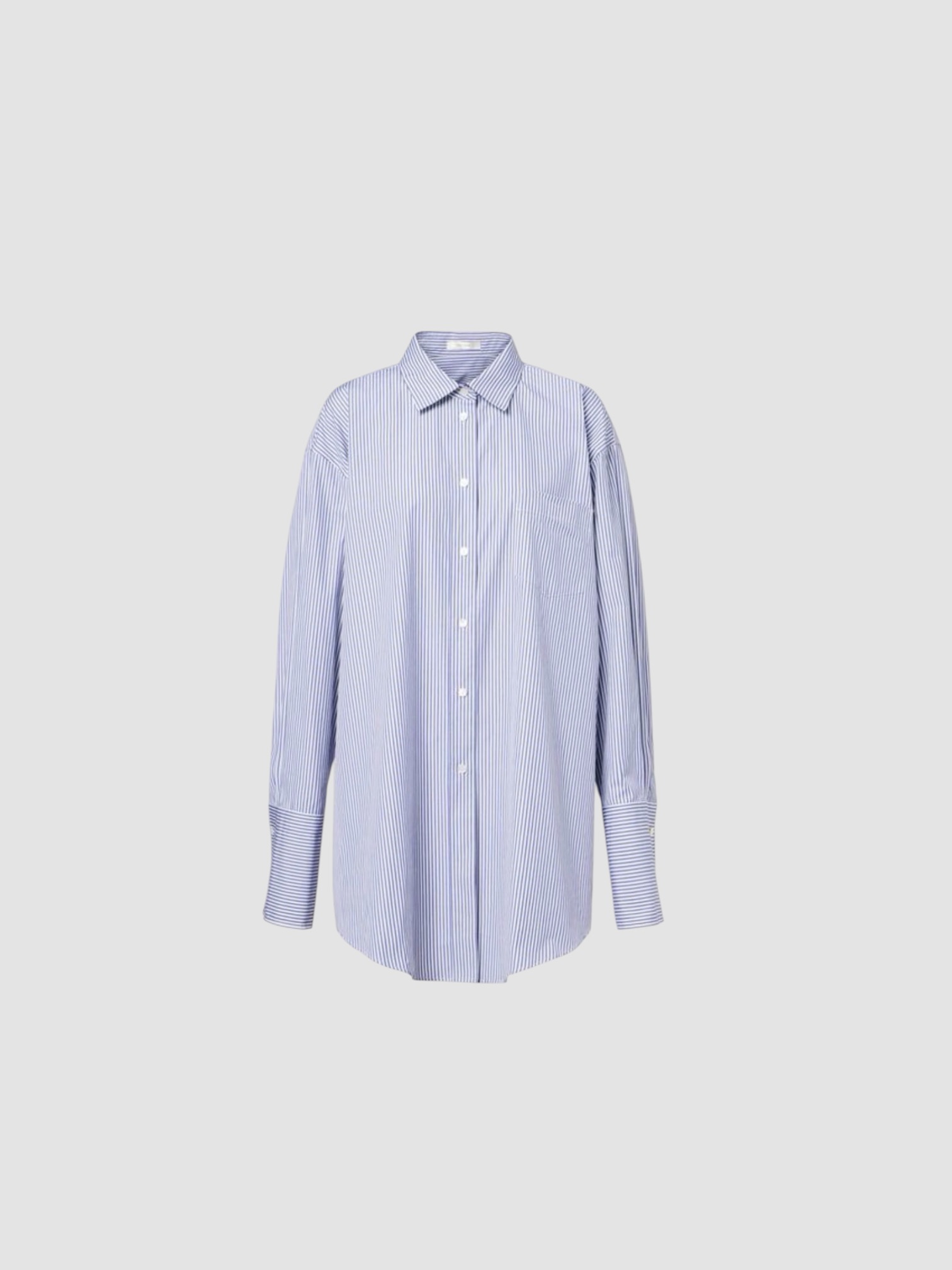 The Row Ment Bengal Stripe Cotton Poplin Shirt in white/blue. Styled by Sharon Lombardo for FDV Concierge.