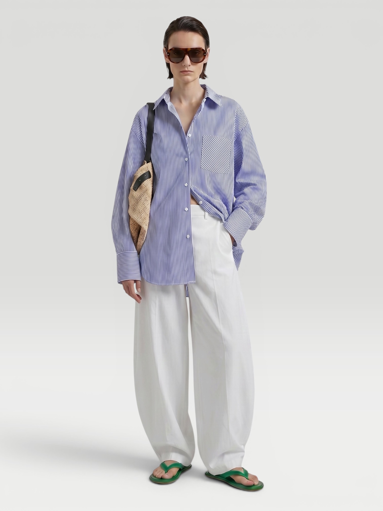 The Row Ment Bengal Stripe Cotton Poplin Shirt in white/blue. Styled by Sharon Lombardo for FDV Concierge.