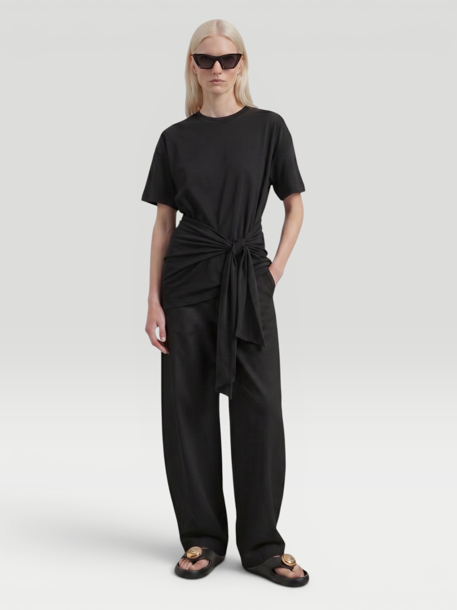 Totême Tie-Waist Jersey Top in black. Styled by Sharon Lombardo for FDV Concierge.