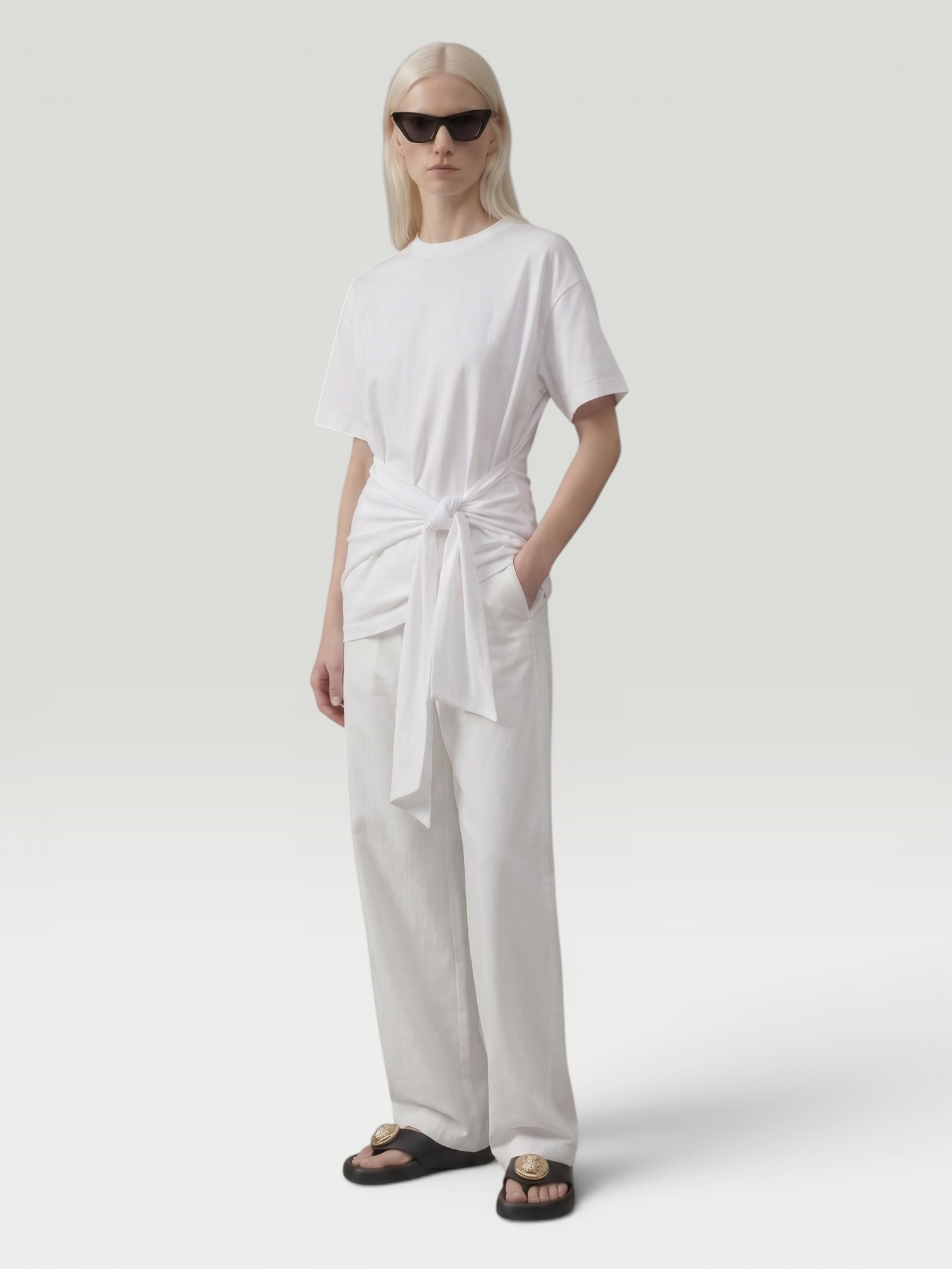 Totême Tie-Waist Jersey Top in white. Styled by Sharon Lombardo for FDV Concierge.
